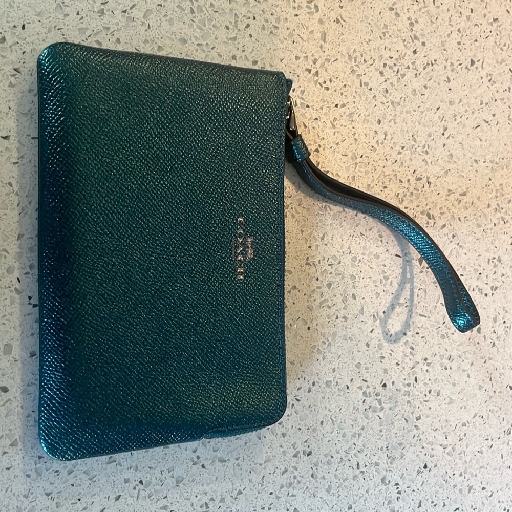 Coach metallic/dark teal wallet